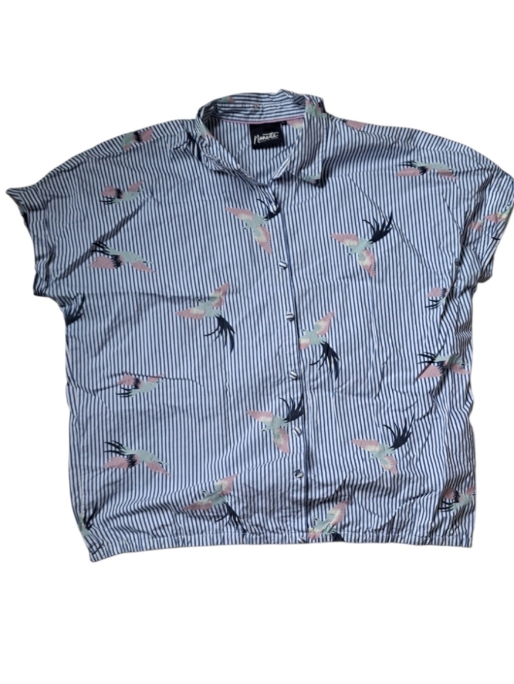 Nanette Lepore Blue & White Striped Button-Up with Pink Bird Print